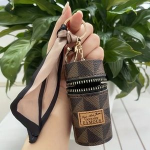 NEW Brown Zippered Bucket Coin Purse Bag Charm Cosmetic Holder with Scarf